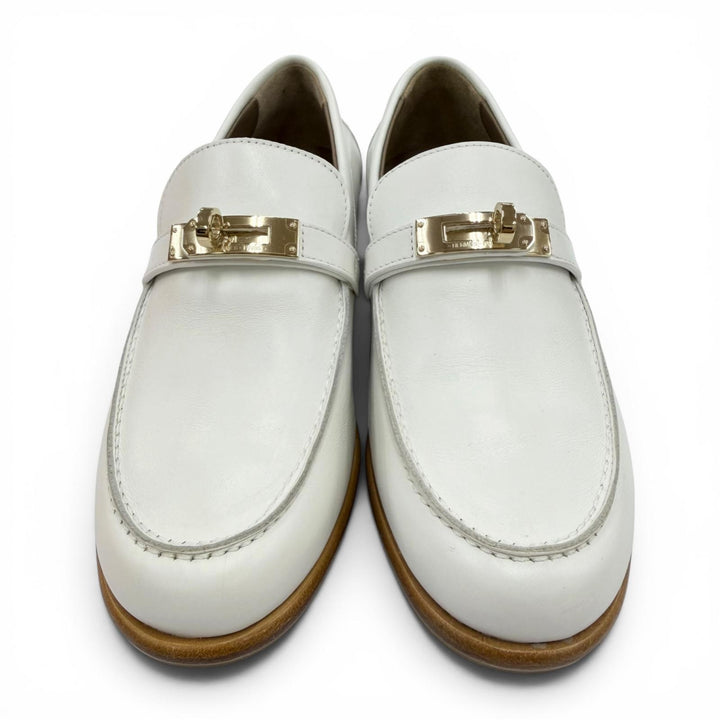 未使用品☆HERMES エルメス 231067Z モカシン デスタン カーフレザー ゴールド金具 ケリーバックル ローファー ホワイト 36.5 イタリア製