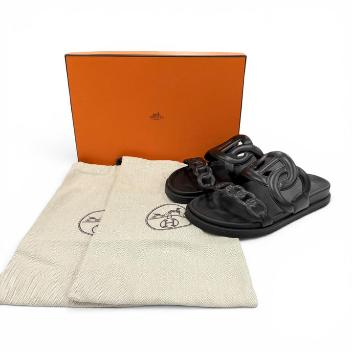 未使用品☆HERMES エルメス H252027Z 02350 エクストラ ナッパレザー シェーヴル・ヴェロア シェーヌダンクル サンダル ブラック 36 伊製