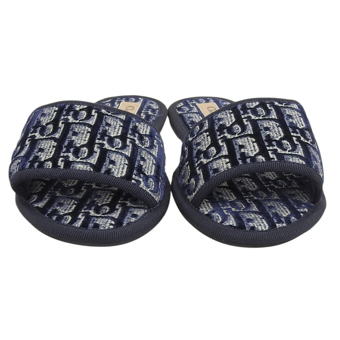 極美品▲Christian Dior クリスチャンディオール ベルベット オブリーク ルームスリッパ サンダル ミュール ネイビー 34 伊製 レディース