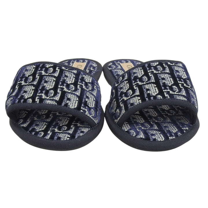 極美品▲Christian Dior クリスチャンディオール ベルベット オブリーク ルームスリッパ サンダル ミュール ネイビー 34 伊製 レディース
