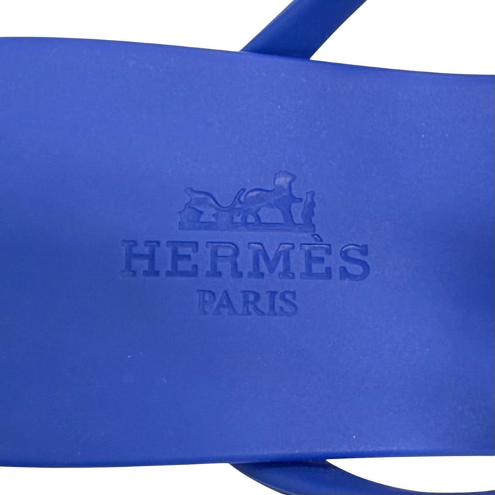 美品△HERMES エルメス 221001Z Egerie エジェリ シェーヌダンクルモチーフ ラバー フラットサンダル トングサンダル ブルー 35 箱・袋付