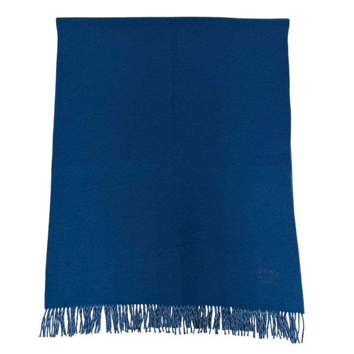 極美品☆HERMES エルメス カシミヤ100％ ロゴ刺繍 バイカラー フリンジ付 大判 マフラー ショール ブルー系 レディース