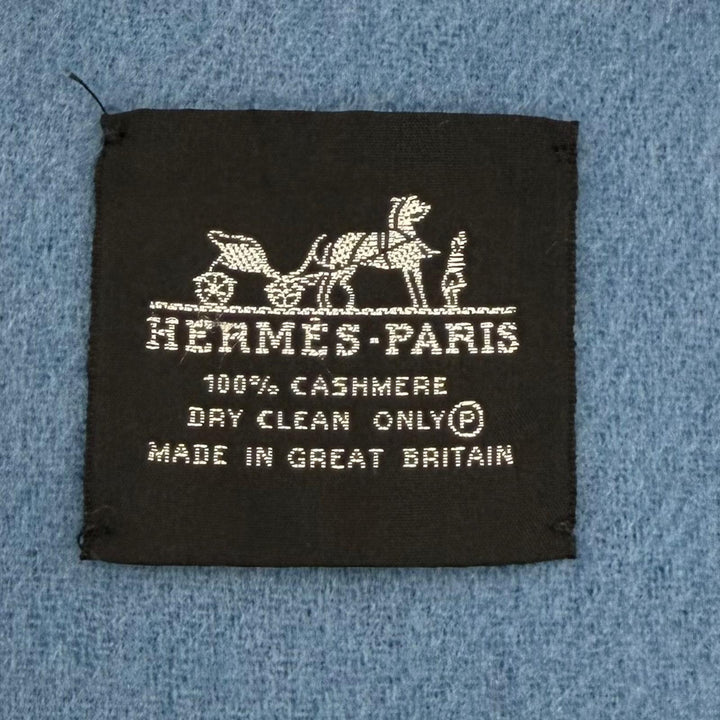 極美品☆HERMES エルメス カシミヤ100％ ロゴ刺繍 バイカラー フリンジ付 大判 マフラー ショール ブルー系 レディース