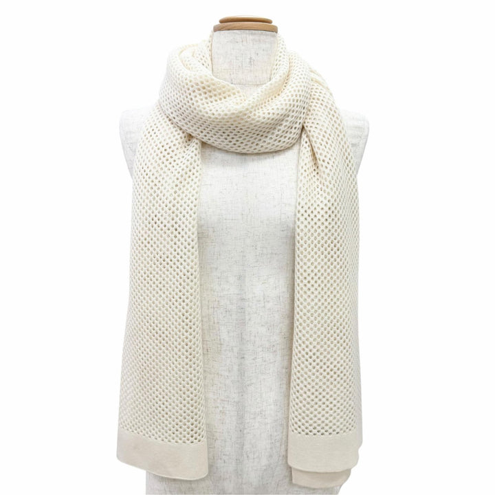 美品△HERMES エルメス H259112S MAILLE FILET マイユ フィレ カシミヤ100％ ロゴレザーワッペン付き ストール マフラー アイボリー 伊製