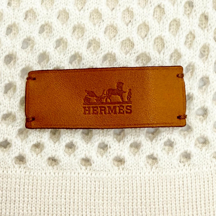 美品△HERMES エルメス H259112S MAILLE FILET マイユ フィレ カシミヤ100％ ロゴレザーワッペン付き ストール マフラー アイボリー 伊製