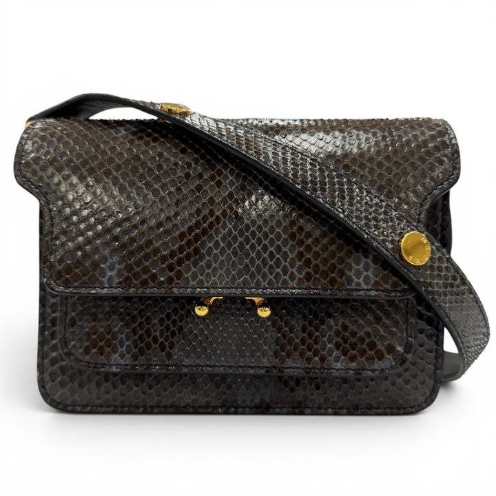 美品☆MARNI マルニ TRUNK トランク パイソンレザー ロゴ金具 ショルダーバッグ グレー系 イタリア製 レディース 保存袋付き