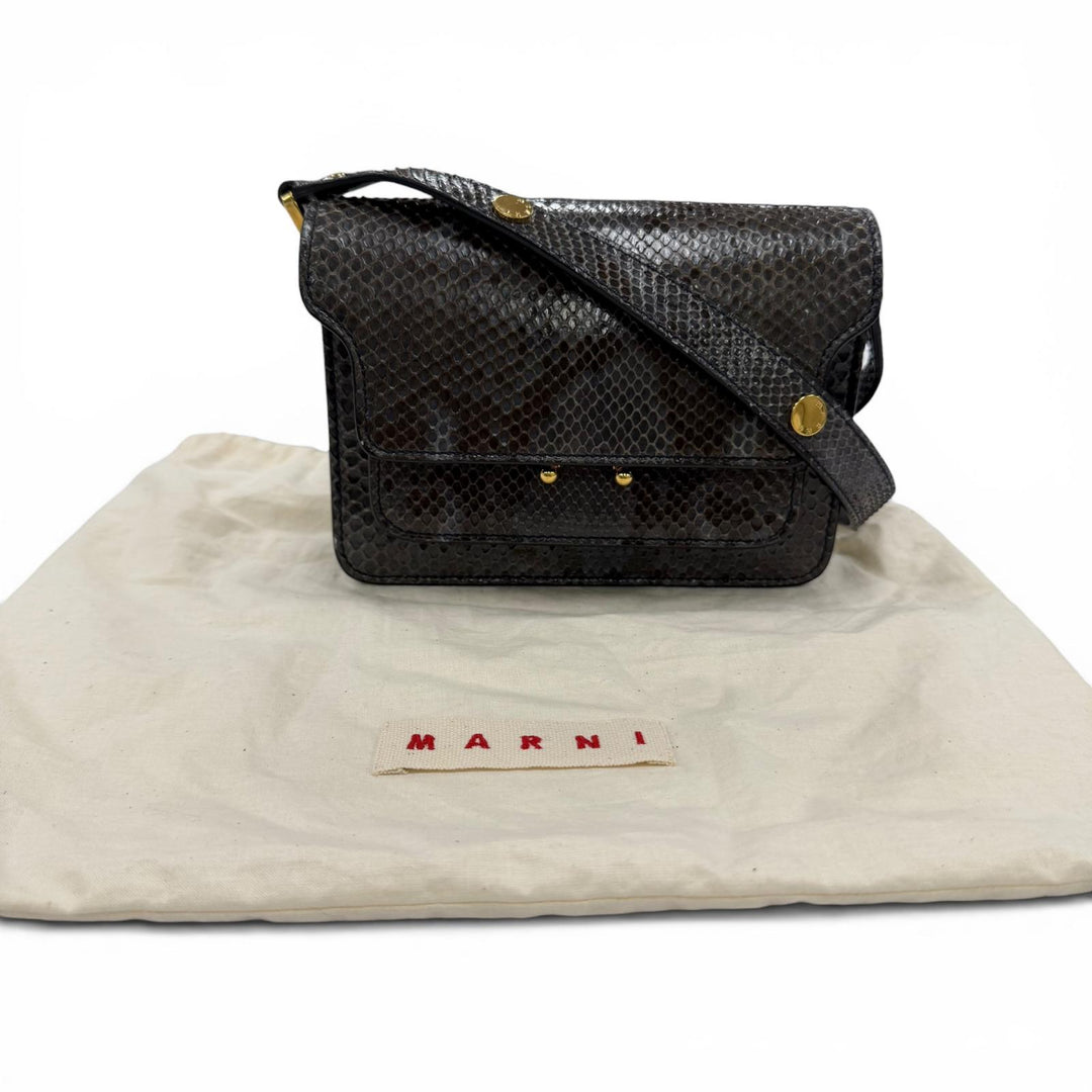 美品☆MARNI マルニ TRUNK トランク パイソンレザー ロゴ金具 ショルダーバッグ グレー系 イタリア製 レディース 保存袋付き