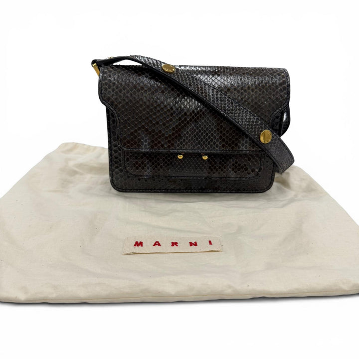 美品☆MARNI マルニ TRUNK トランク パイソンレザー ロゴ金具 ショルダーバッグ グレー系 イタリア製 レディース 保存袋付き