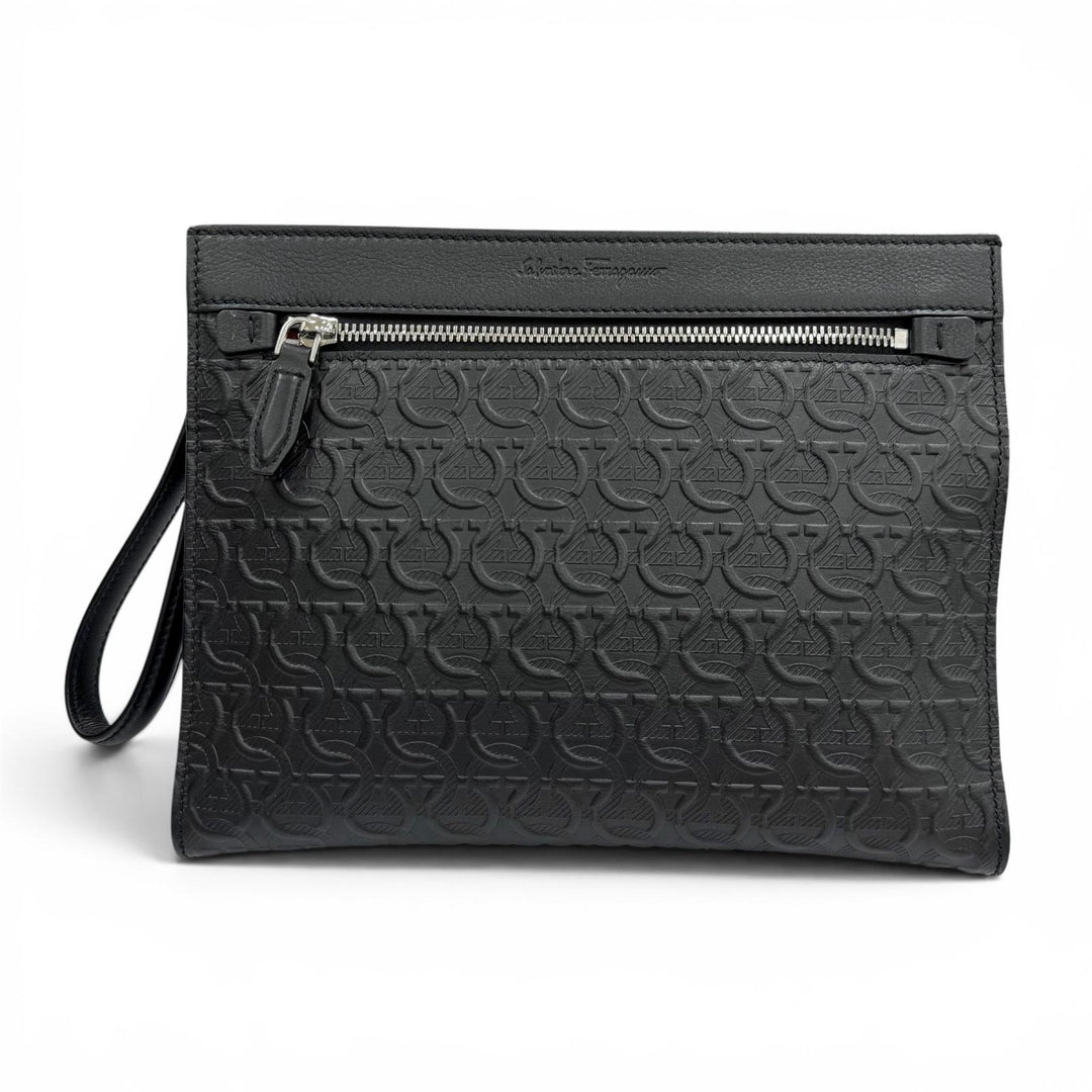 極美品▼Salvatore Ferragamo サルヴァトーレフェラガモ レザー セカンドバッグ クラッチバッグ ブラック 伊製 メンズ 箱・保存袋付き