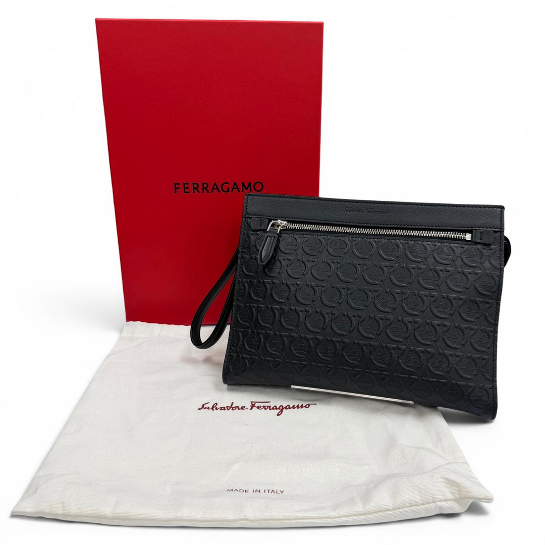 極美品▼Salvatore Ferragamo サルヴァトーレフェラガモ レザー セカンドバッグ クラッチバッグ ブラック 伊製 メンズ 箱・保存袋付き