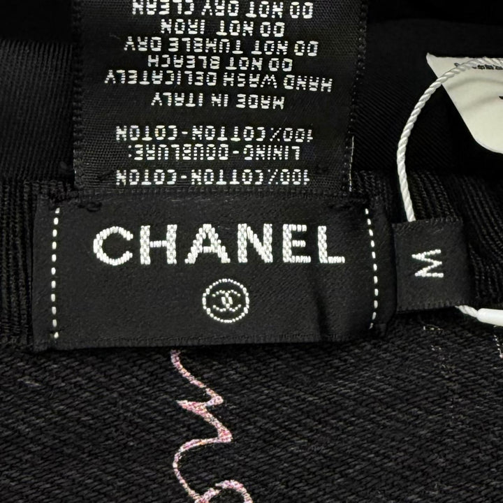 未使用品★CHANEL シャネル コットン100% クラッシャーデニム ココマーク ロゴデザイン 総柄 バケットハット ブラック マルチ M 正規品