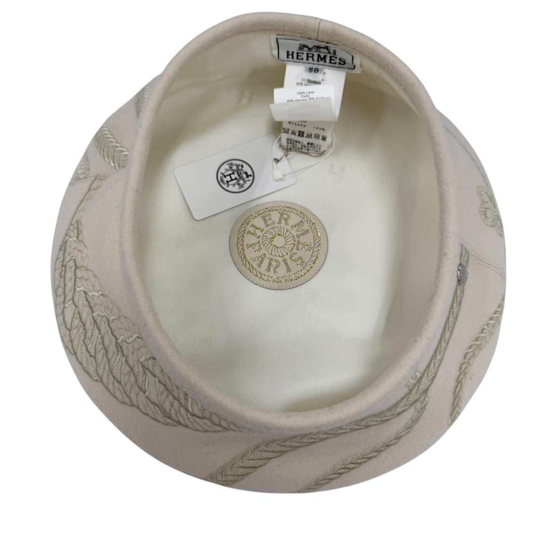 未使用品☆HERMES エルメス サントノーレ・アン・フィネス ウール100％ セリエ金具 ベレー帽 アイボリー 58 イタリア製 正規品 保存袋付