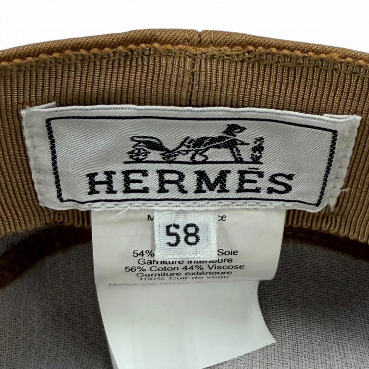 極美品★HERMES エルメス シルク混 ロゴ金具 レザー使い ジュリエッタ Ex-Libris キャスケット ブラウン 58 仏製 正規品 レディース