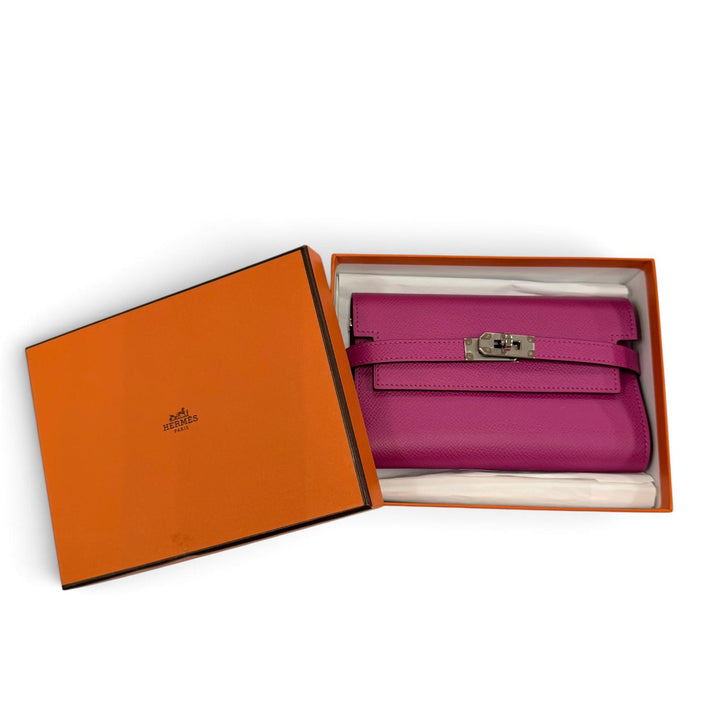 美品☆HERMES エルメス ケリーウォレット ミディアム ヴォーエプソン ローズパープル シルバー金具 コンパクトウォレット 財布 C刻印