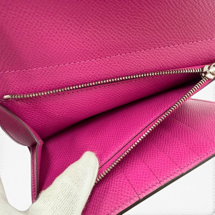 美品☆HERMES エルメス ケリーウォレット ミディアム ヴォーエプソン ローズパープル シルバー金具 コンパクトウォレット 財布 C刻印