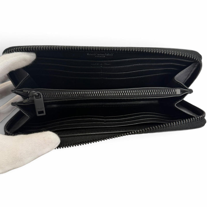 極美品□SAINT LAURENT PARIS サンローランパリ 664491 レザー YSLロゴ ラウンドジップウォレット 長財布 ブラック 箱・保存袋付き 伊製