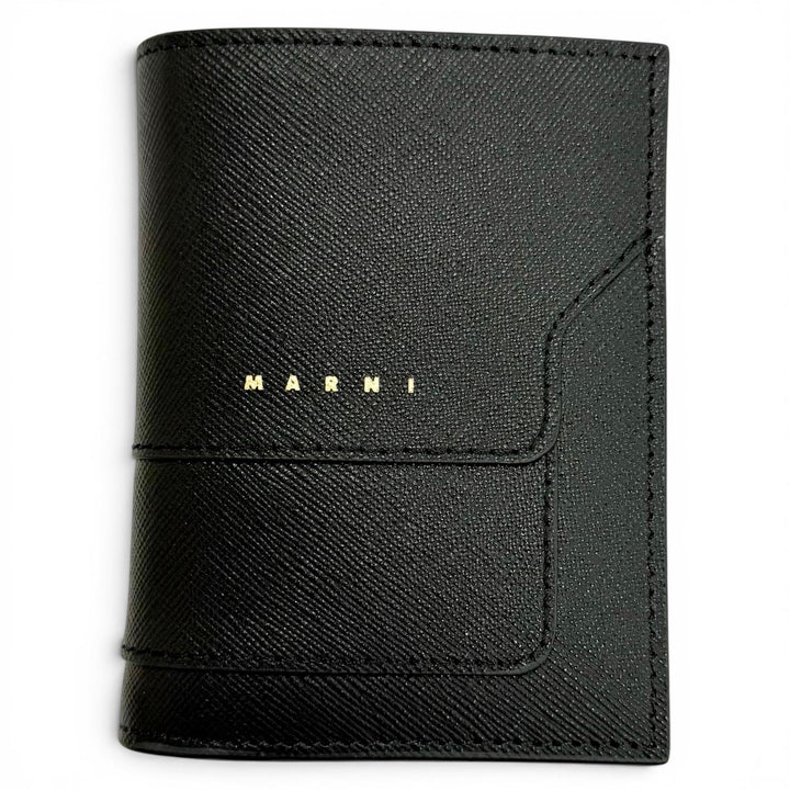 未使用品△MARNI マルニ PFMOQ14U07 サフィアーノ レザー ロゴ コンパクトウォレット 二つ折り財布 ブラック ゴールド金具 箱 保存袋付き