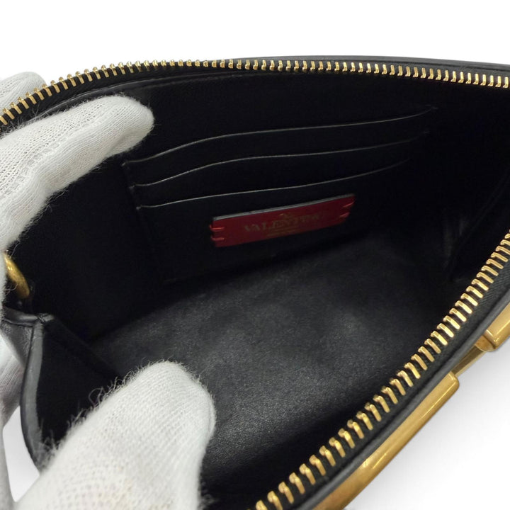極美品☆VALENTINO ヴァレンティノ XW2P0X38ZXL Vロゴ レザー ZIP UP 化粧ポーチ ブラック ゴールド金具 イタリア製 レディース