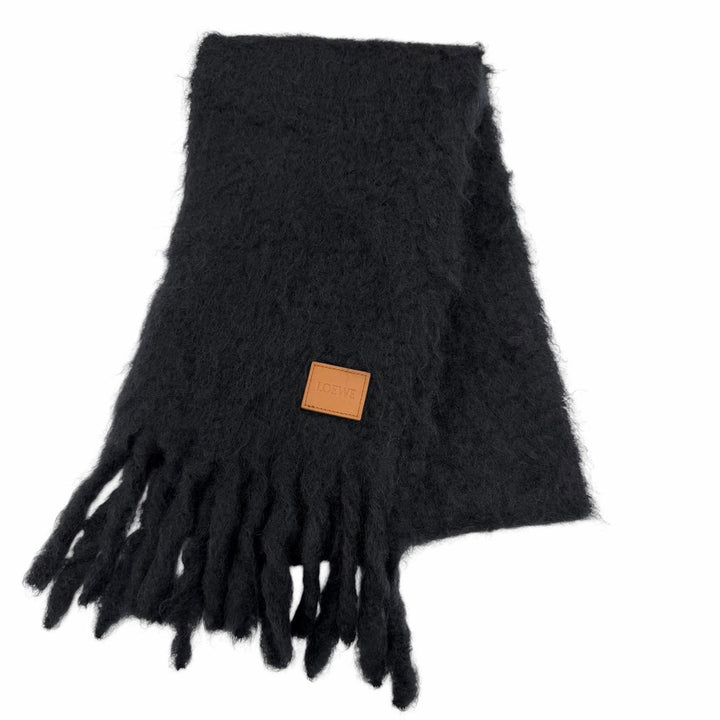 美品☆LOEWE ロエベ モヘア ウール ロゴレザーパッチ フリンジ マフラー ダークネイビー スペイン製 正規品 レディース
