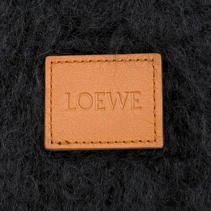 美品☆LOEWE ロエベ モヘア ウール ロゴレザーパッチ フリンジ マフラー ダークネイビー スペイン製 正規品 レディース