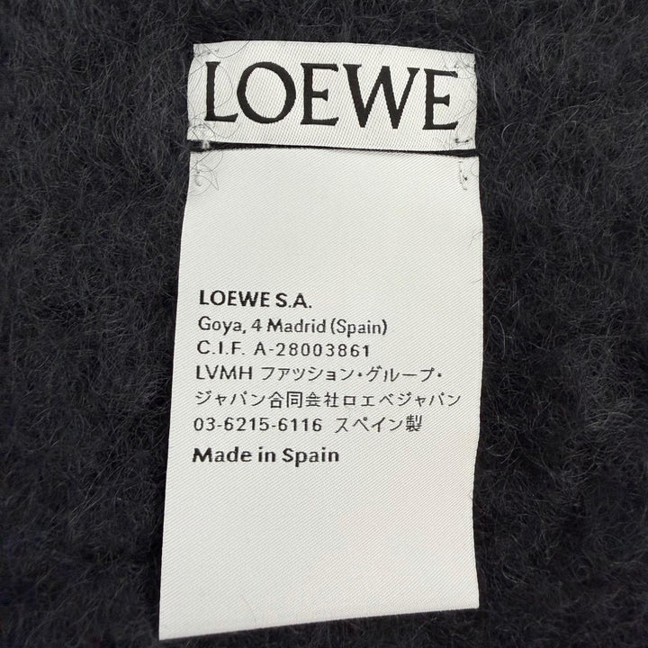 美品☆LOEWE ロエベ モヘア ウール ロゴレザーパッチ フリンジ マフラー ダークネイビー スペイン製 正規品 レディース