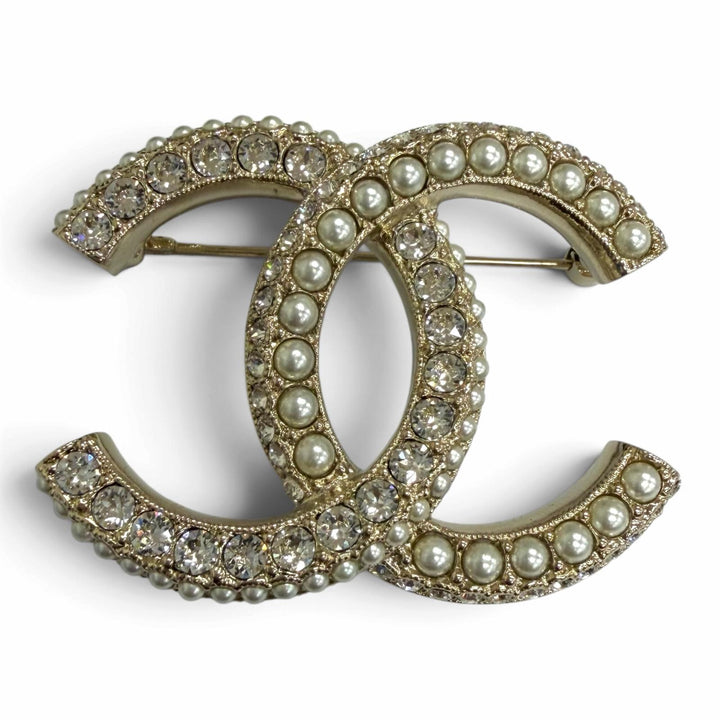 極美品□CHANEL シャネル L22B ココマーク ラインストーン フェイクパール ブローチ ピンバッジ ゴールド フランス製 レディース 箱付き