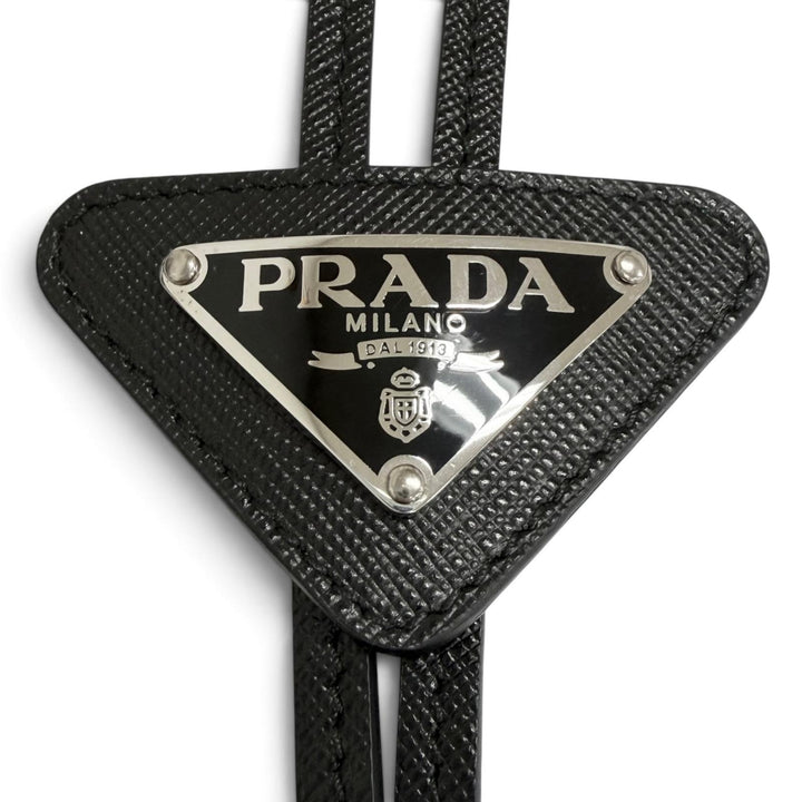 美品□PRADA プラダ 2IC027 サフィアーノレザー トライアングルロゴ 三角プレート マルティック ループタイ ボロタイ ブラック メンズ