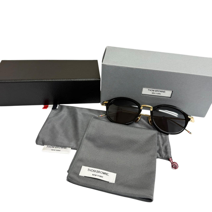 極美品□THOM BROWNE トムブラウン UES011A ボストンフレーム サングラス ゴールド ブラック 49□21-150 度なし 日本製 定価121000円