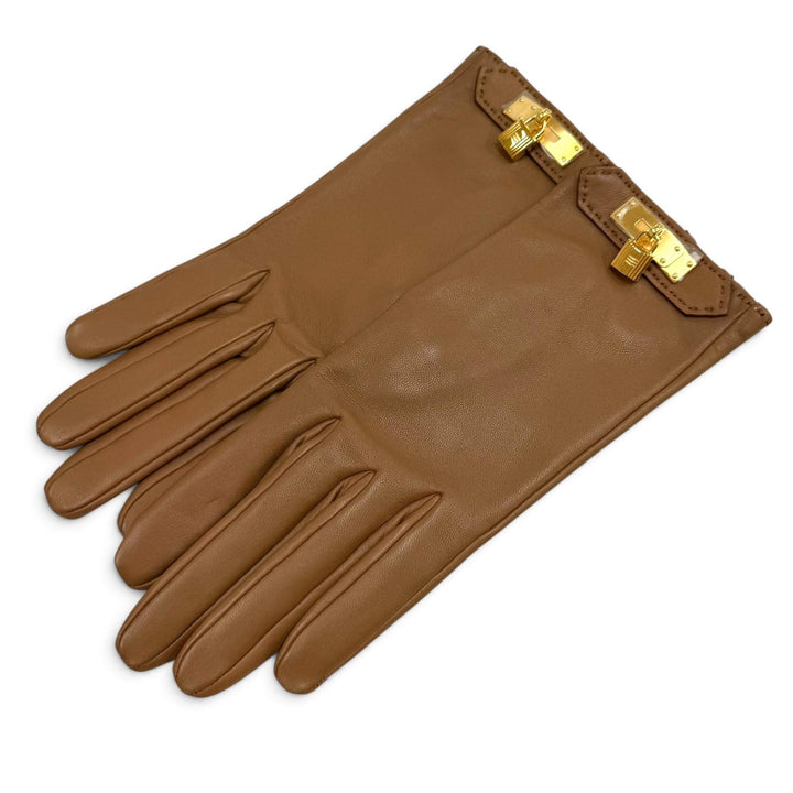極美品★HERMES エルメス ラムレザー 裏地シルク100％ ゴールド金具 ケリー金具 レザー グローブ 手袋 ブラウン 6.5 仏製 レディース