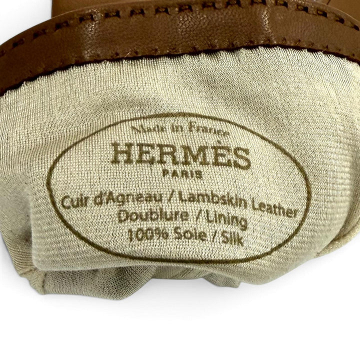 極美品★HERMES エルメス ラムレザー 裏地シルク100％ ゴールド金具 ケリー金具 レザー グローブ 手袋 ブラウン 6.5 仏製 レディース