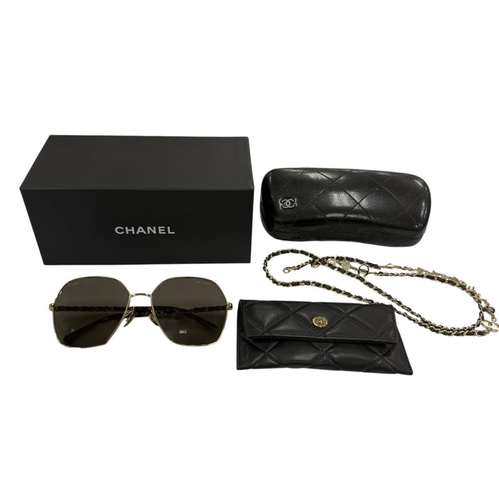 美品☆CHANEL シャネル 4275-Q ココマーク ヘキサゴン ロゴチェーン付 サングラス ゴールド ブラック 59□16 135 デモレンズ イタリア製