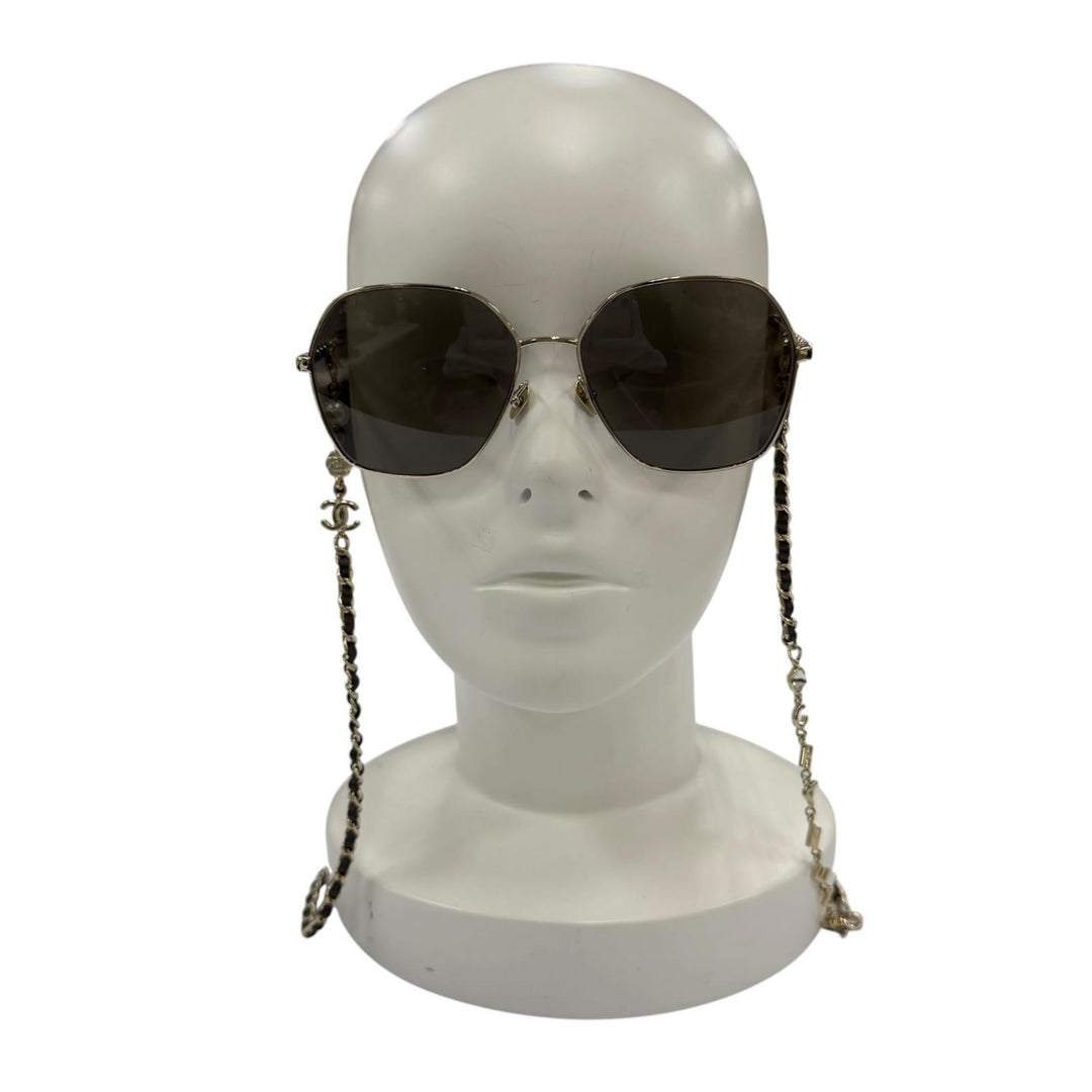 美品☆CHANEL シャネル 4275-Q ココマーク ヘキサゴン ロゴチェーン付 サングラス ゴールド ブラック 59□16 135 デモレンズ イタリア製
