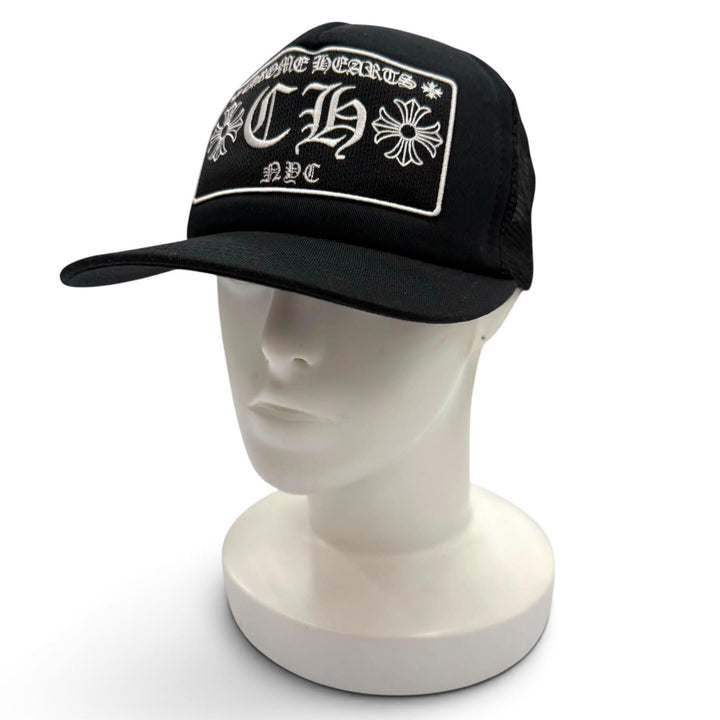 極美品▼CHROME HEARTS クロムハーツ TRUCKER CAP NYC CHパッチ メッシュ 帽子 トラッカー キャップ ブラック OS 51-61 USA製 メンズ