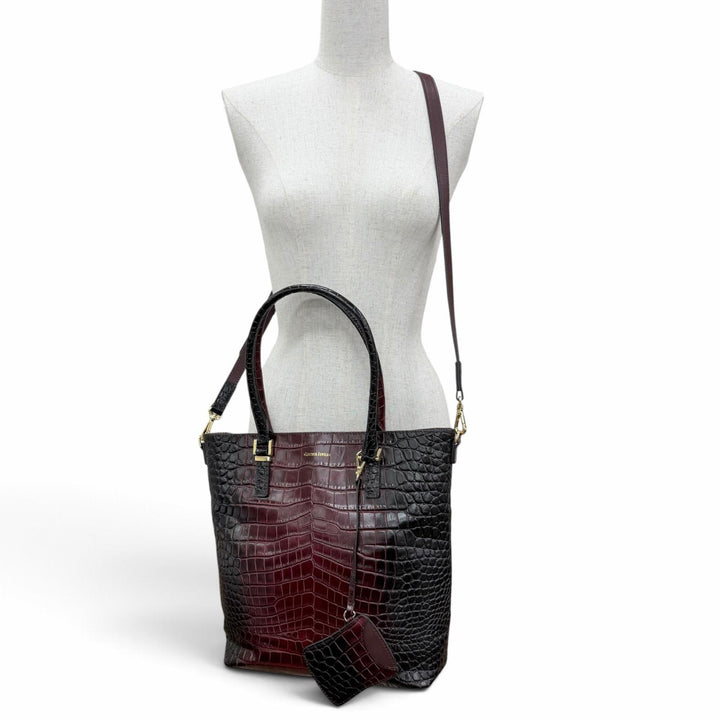 極美品☆LEATHER JEWELS レザージュエルズ クロコエンボス パスケース付 2WAY レザー ショルダーバッグ トートバッグ ボルドー 保存袋付