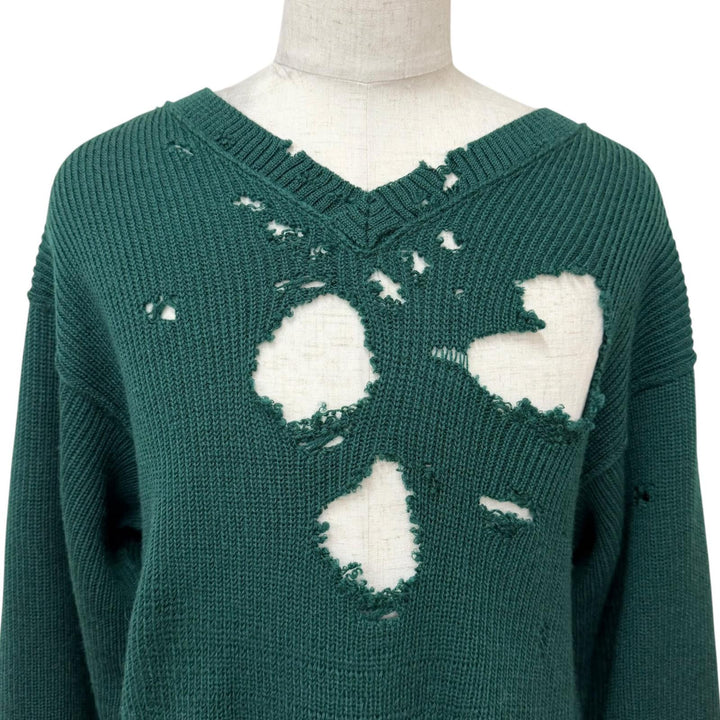 未使用品□VETEMENTS ヴェトモン UA65KN120G バージンウール100% デストロイド Vネック ニット セーター グリーン S イタリア製 メンズ