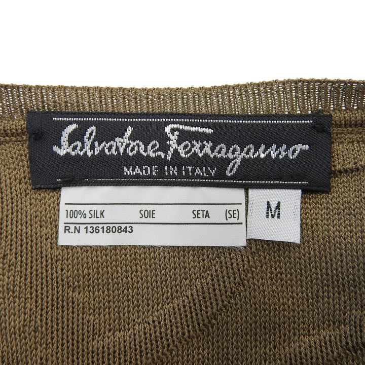 極美品▲Salvatore Ferragamo サルヴァトーレフェラガモ シルク100% 総柄 ガンチーニ 半袖ニット ブラウン M イタリア製 正規品 レディース