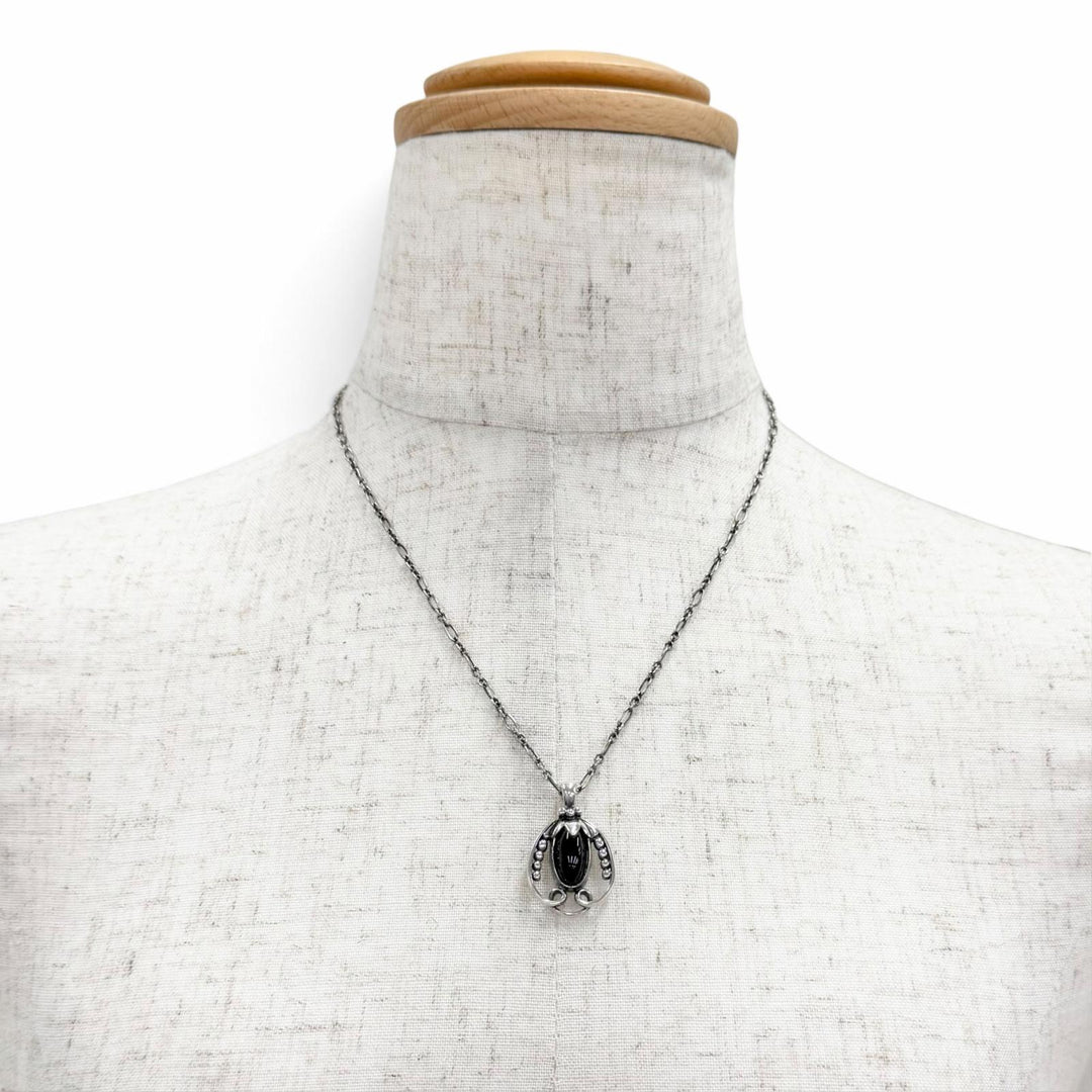 美品△Georg Jensen ジョージジェンセン 925 オニキス 1990 イヤーペンダント ネックレス Tバー ブラックアゲート シルバー 重量115.7g