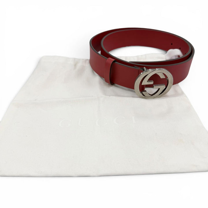 極美品☆GUCCI グッチ 546389 インターロッキングG レザー ベルト レッド シルバー金具 95/38 イタリア製 レディース メンズ 保存袋付き