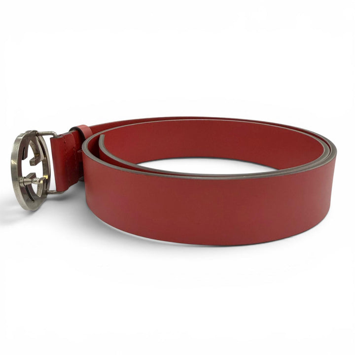 極美品☆GUCCI グッチ 546389 インターロッキングG レザー ベルト レッド シルバー金具 95/38 イタリア製 レディース メンズ 保存袋付き