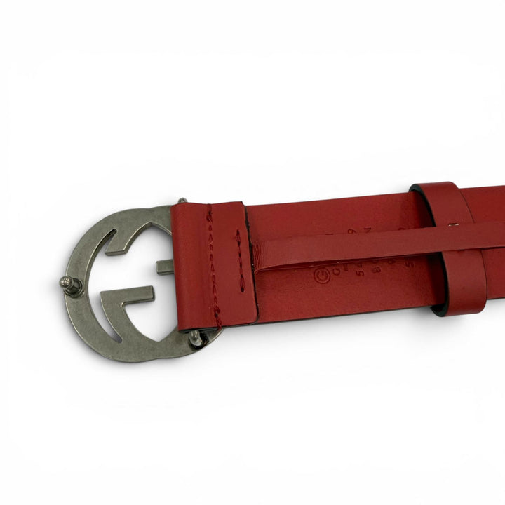 極美品☆GUCCI グッチ 546389 インターロッキングG レザー ベルト レッド シルバー金具 95/38 イタリア製 レディース メンズ 保存袋付き