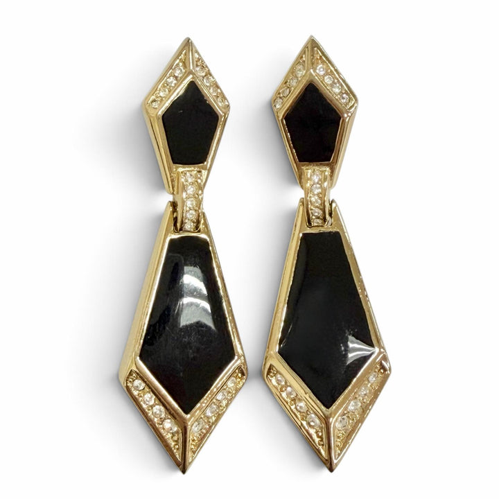 美品△Christian Dior クリスチャンディオール ヴィンテージ オニキス ラインストーン ジオメトリック イヤリング ゴールド ブラック