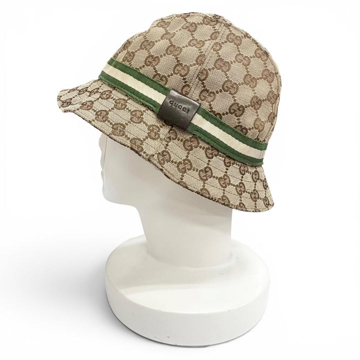 未使用品△GUCCI グッチ ロゴレザーパッチ GGキャンバス ウェブライン バケットハット 帽子 ベージュ M イタリア製 正規品 レディース