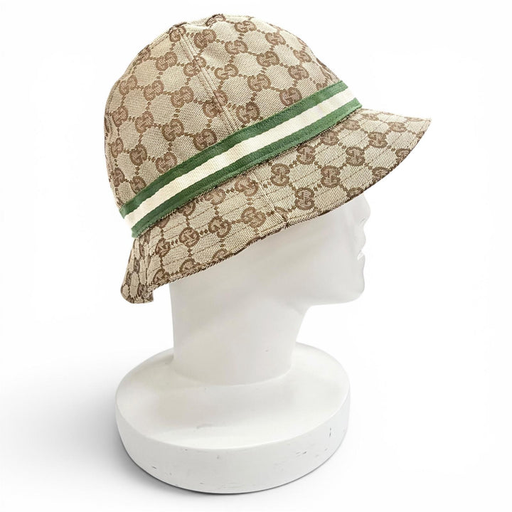 未使用品△GUCCI グッチ ロゴレザーパッチ GGキャンバス ウェブライン バケットハット 帽子 ベージュ M イタリア製 正規品 レディース