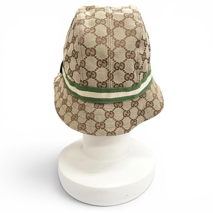 未使用品△GUCCI グッチ ロゴレザーパッチ GGキャンバス ウェブライン バケットハット 帽子 ベージュ M イタリア製 正規品 レディース