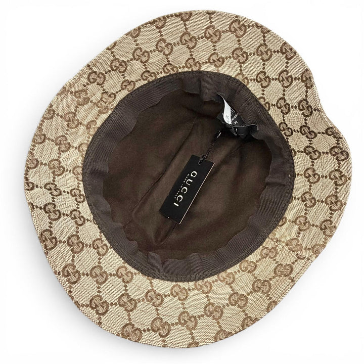 未使用品△GUCCI グッチ ロゴレザーパッチ GGキャンバス ウェブライン バケットハット 帽子 ベージュ M イタリア製 正規品 レディース
