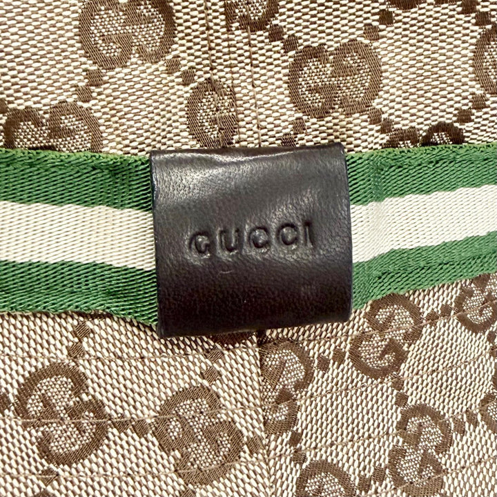 未使用品△GUCCI グッチ ロゴレザーパッチ GGキャンバス ウェブライン バケットハット 帽子 ベージュ M イタリア製 正規品 レディース