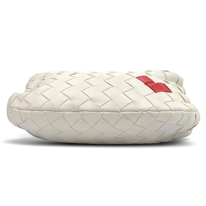 美品★BOTTEGAVENETA ボッテガヴェネタ 777607 ミニ ジョディ ハート イントレチャート レザー ハンドバッグ ホワイト レッド 伊製