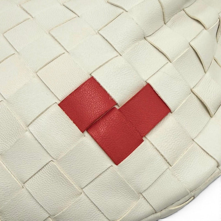 美品★BOTTEGAVENETA ボッテガヴェネタ 777607 ミニ ジョディ ハート イントレチャート レザー ハンドバッグ ホワイト レッド 伊製