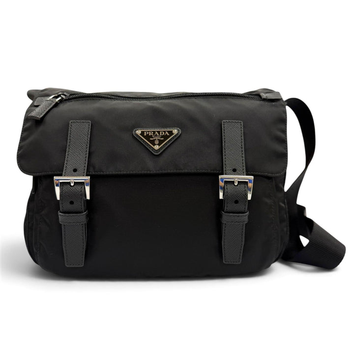 美品▼PRADA プラダ 1BD953 ナイロン レザー Re-Nylon トライアングルロゴ 三角プレート ショルダーバッグ ブラック メンズ 保存袋付き