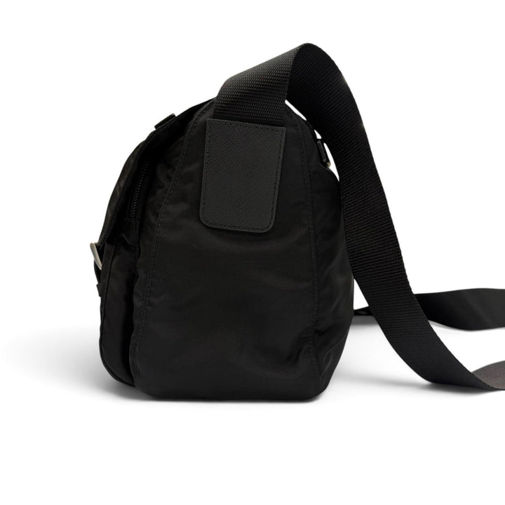 美品▼PRADA プラダ 1BD953 ナイロン レザー Re-Nylon トライアングルロゴ 三角プレート ショルダーバッグ ブラック メンズ 保存袋付き